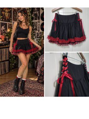 Hot Topic Black Red Lace Up Tulle Ruffle Mini Skirt Goth Emo Punk Whimsigoth